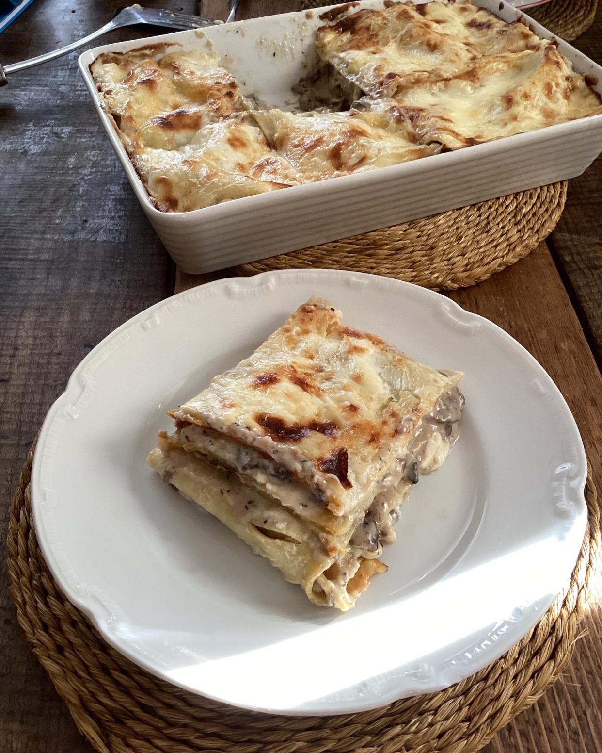 <span>Rachel Roddy’s mushroom and taleggio lasagne.</span><span>Photograph: Rachel Roddy/The Guardian</span>