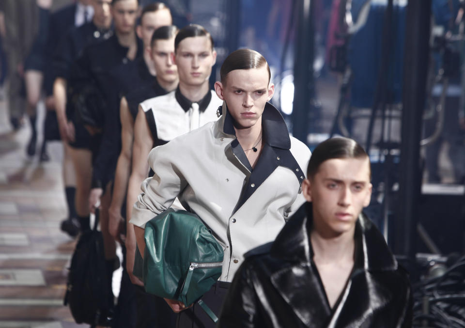 Models wear creations for Lanvin's Spring-Summer 2014 men's collection presented Sunday, June 30, 2013 in Paris. (AP Photo/Thibault Camus)