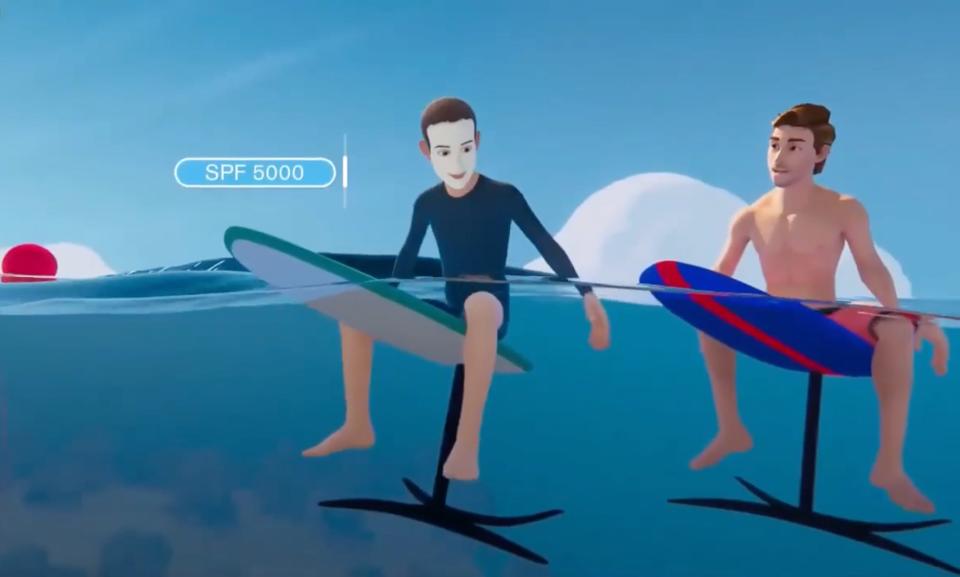 Mark Zuckerberg's metaverse avatar in a game sports a sunscreen-covered "SPF 5000" look.