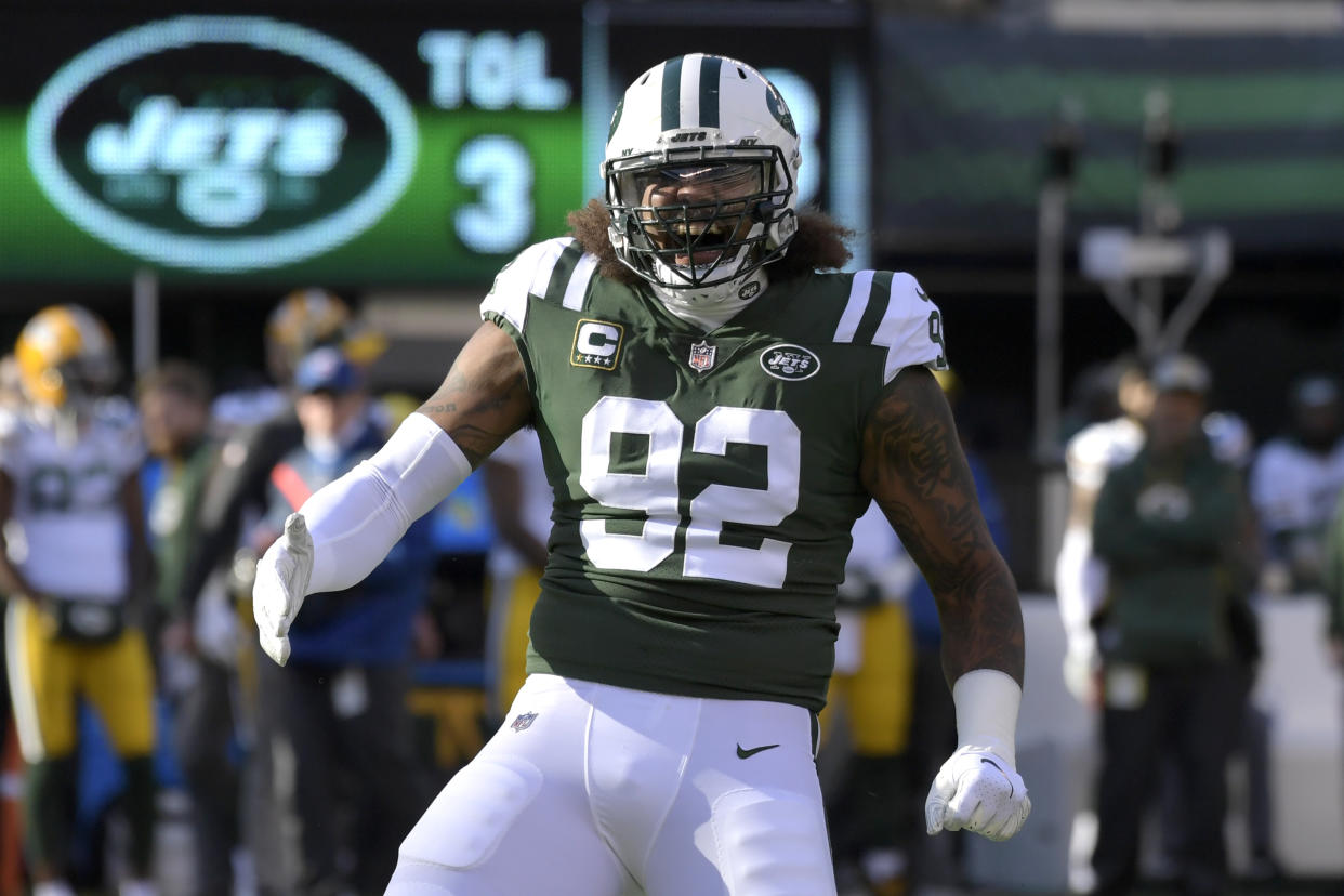 New York Jets defensive end Leonard Williams celebrates after sacking Green Bay Packers quarterback Aaron Rodgers, not pictured, during the first half of an NFL football game, Sunday, Dec. 23, 2018, in East Rutherford, N.J. (AP Photo/Bill Kostroun)