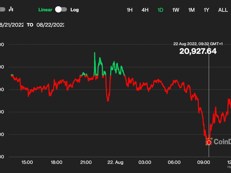 Bitcoin price chart over past 24 hours. (CoinDesk)