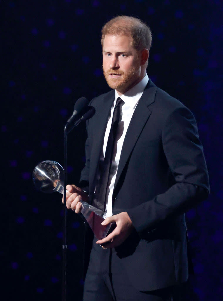 HOLLYWOOD, CALIFORNIA - JULY 11: Prince Harry, Duke of Sussex accepts the Pat Tillman Award onstage during the 2024 ESPY Awards at Dolby Theatre on July 11, 2024 in Hollywood, California.  (Photo by Frazer Harrison/Getty Images)
