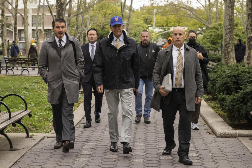 Tom Barrack, center, arrives at Brooklyn Federal Court on Monday, Oct. 3, 2022, in New York. (AP Photo/Yuki Iwamura)