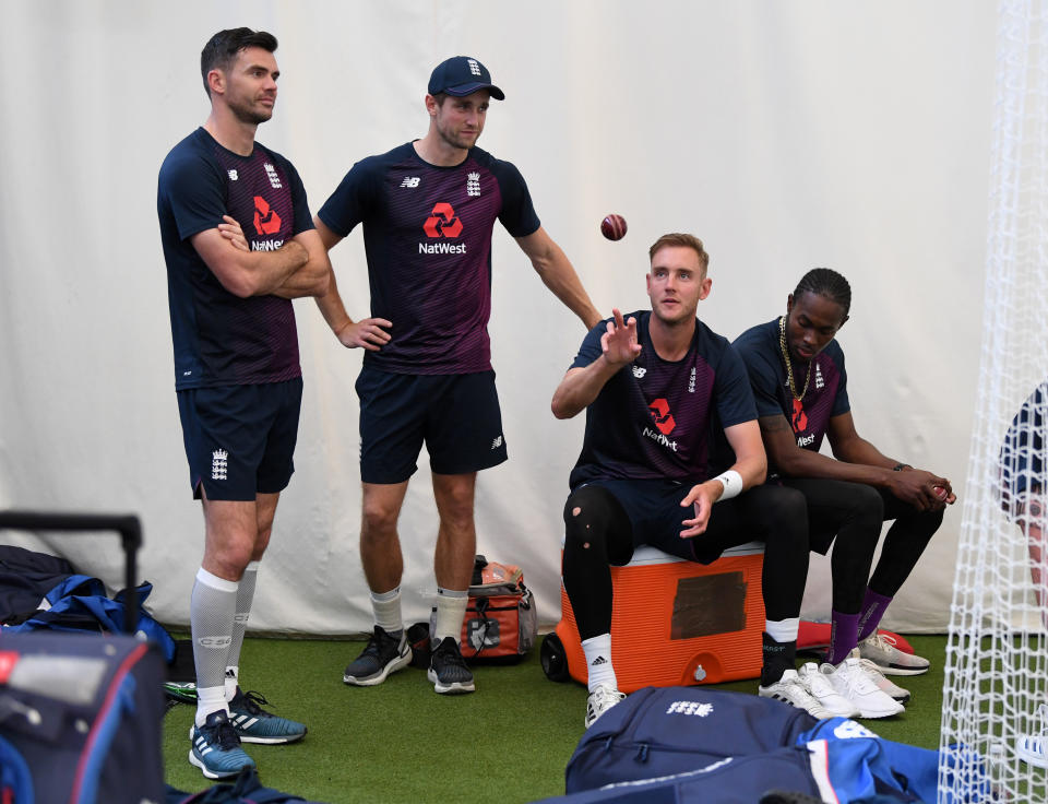 BIRMINGHAM, ENGLAND - JULY 30: England bowlers James Anderson, Chris Woakes, Stuart Broad and Jofra Archer during a nets session at Edgbaston on July 30, 2019 in Birmingham, England. (Photo by Gareth Copley/Getty Images)