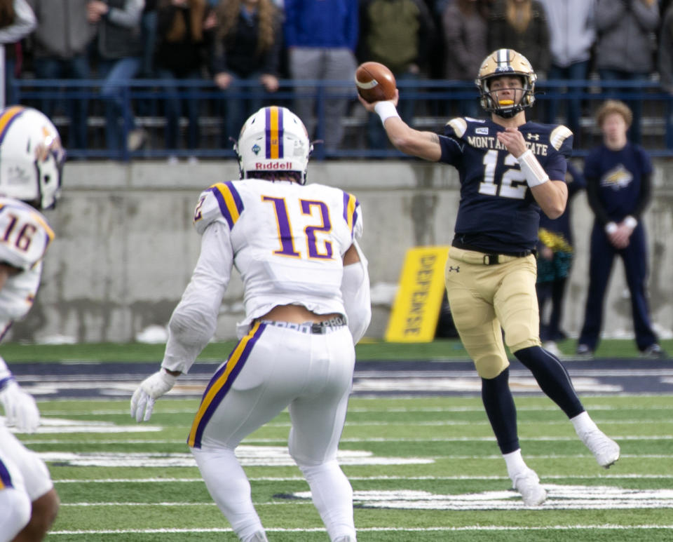 Montana State's Tucker Rovig throws a pass against Albany during a second-round game in the NCAA Football Championship Subdivision playoffs Saturday, Dec. 7, 2019, in Bozeman, Mont. (Ryan Berry/Bozeman Daily Chronicle via AP)