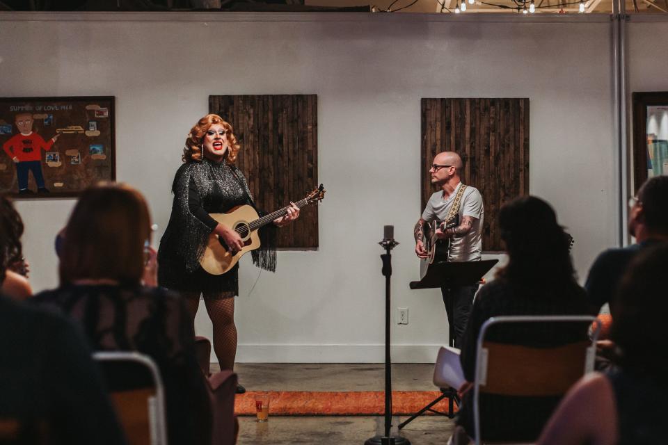 Nashville musician Derek Webb and singing-songwriting drag queen Flamy Grant perform a song from Webb’s new album, “The Jesus Hypothesis” at GracePointe Church in Nashville for an album release event, July 23, 2023. Photo credit: Emily Tingley.