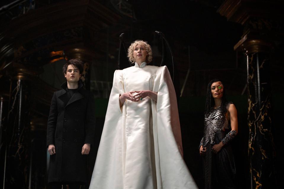 The Sandman. (L to R) Tom Sturridge as Dream, Gwendoline Christie as Lucifer Morningstar, Cassie Clare as Mazikeen in episode 104 of The Sandman.