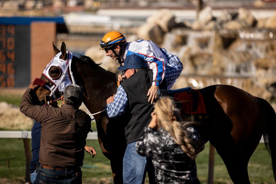 Jockey Ken S. Tohill atop “Wild on Ice”, #7, smiles after winning the 18th running of the Sunland Derby at Sunland Park Racetrack & Casino in Sunland Park, New Mexico, Sunday, March 26, 2023. 