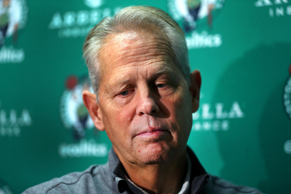 BOSTON - OCTOBER 5: Boston Celtics general manager Danny Ainge listens to a reporter's question during an open practice at TD Garden in Boston on Oct. 5, 2019. (Photo by John Tlumacki/The Boston Globe via Getty Images)