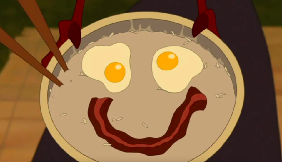 A cartoon bowl of porridge with eggs as eyes and a strip of bacon as a smile.