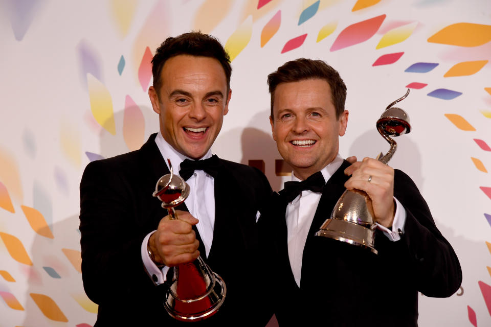 LONDON, ENGLAND - JANUARY 28: Ant and Dec win the Bruce Forsyth Award at the National Television Awards 2020 at The O2 Arena on January 28, 2020 in London, England. (Photo by Dave J Hogan/Getty Images)