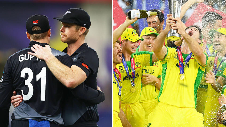 Pictured left, New Zealand's cricketers are shattered as the Aussies celebrate winning the T20 World Cup final.