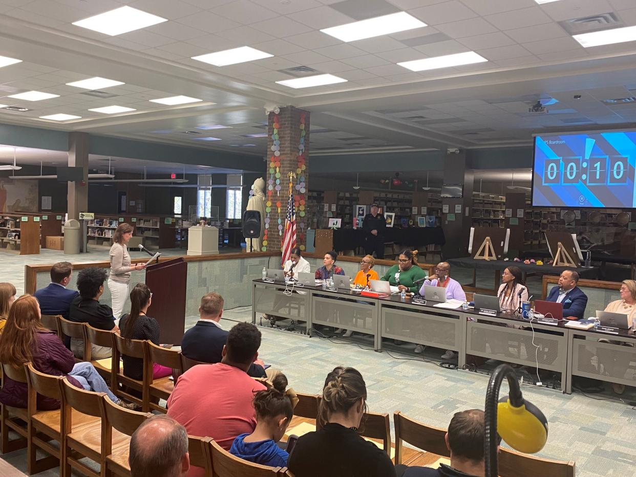 A parent from George Washington Carver School 87 shares her concerns with the Indianapolis Public School board after recent revelations showed abuse occurring at the school while a former teacher supported fighting among students, on Thursday, April 25, 2024.