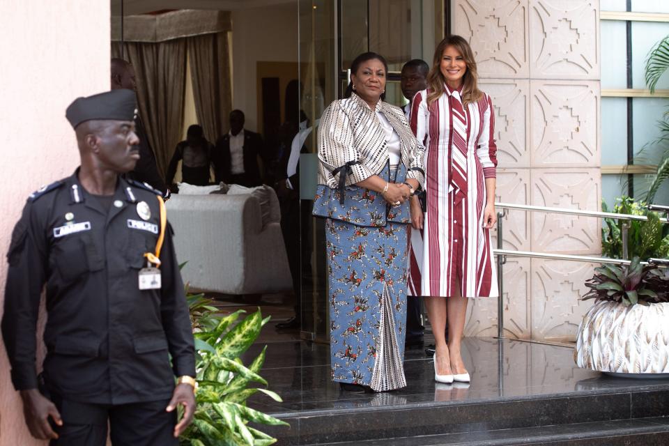 Melania Trump poses with Ghana's first lady Rebecca Akufo-Addo prior to their meeting at Jubilee House in Accra, Ghana, on Oct. 2, 2018. (Photo: SAUL LOEB via Getty Images)