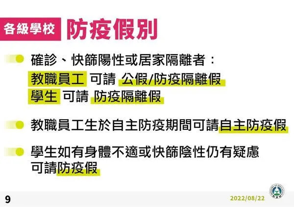 大專院校及高中以下防疫假規定，教職員工可請公假或防疫隔離假，學生可請防疫隔離假。（圖／教育部提供）