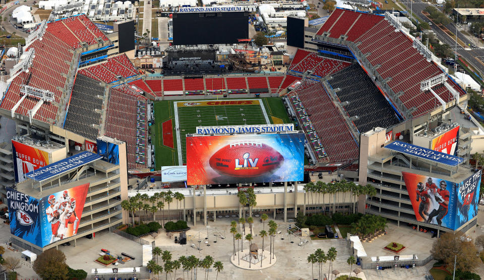 TAMPA, FLORIDA - JANUARY 31:  An aerial view of Raymond James Stadium ahead of Super Bowl LV on January 31, 2021 in Tampa, Florida. (Photo by Mike Ehrmann/Getty Images)