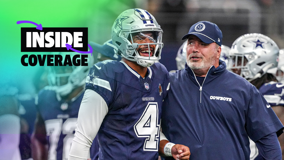 ARLINGTON, TEXAS - AUGUST 24: Dak Prescott #4 of the Dallas Cowboys and head coach Mike McCarthy talk on the field during warmups before a preseason game against the Los Angeles Chargers at AT&T Stadium on August 24, 2024 in Arlington, Texas. (Photo by Sam Hodde/Getty Images)