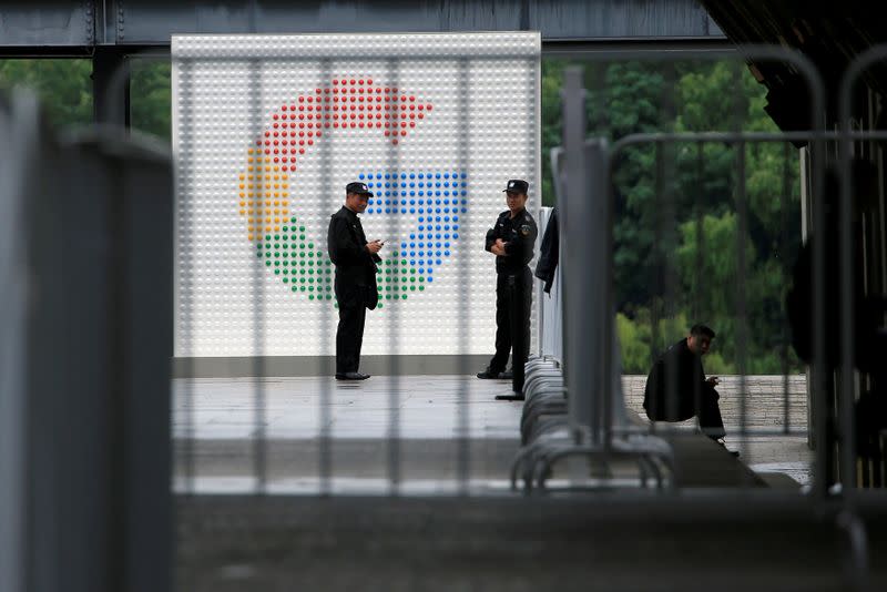 FILE PHOTO: A Google sign is seen during the WAIC (World Artificial Intelligence Conference) in Shanghai