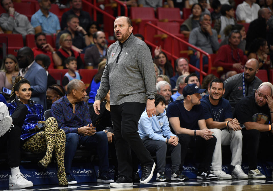 New York Knicks coach Tom Thibodeau watches his team play the Miami Heat during the first half of an NBA basketball game, Wednesday, March 22, 2023, in Miami, Fla. (AP Photo/Michael Laughlin)