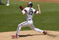 Chicago White Sox starter Lucas Giolito delivers a pitch during the first inning of a baseball game against the Baltimore Orioles, Sunday, May 30, 2021, in Chicago. (AP Photo/Paul Beaty)