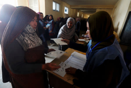 Afghan women arrive to cast their vote during the parliamentary elections at a polling station in Kabul, Afghanistan, October 21, 2018. REUTERS/Omar Sobhani