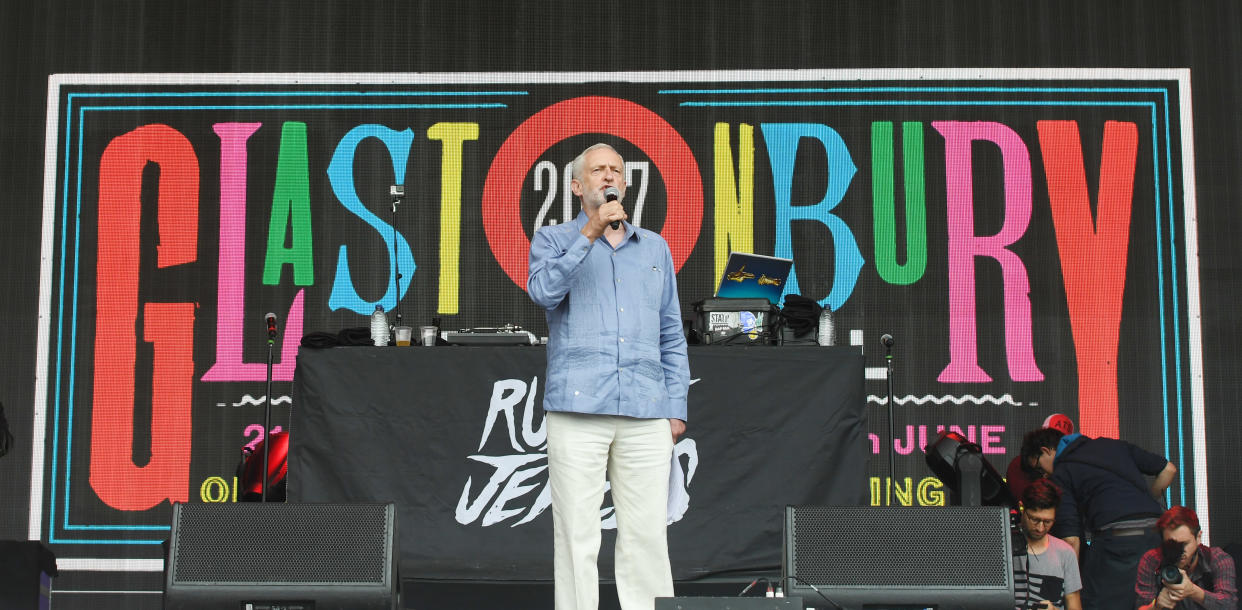 Jeremy Corbyn attends day 3 of the Glastonbury Festival 2017 at Worthy Farm, Pilton on June 24, 2017 in Glastonbury, England.