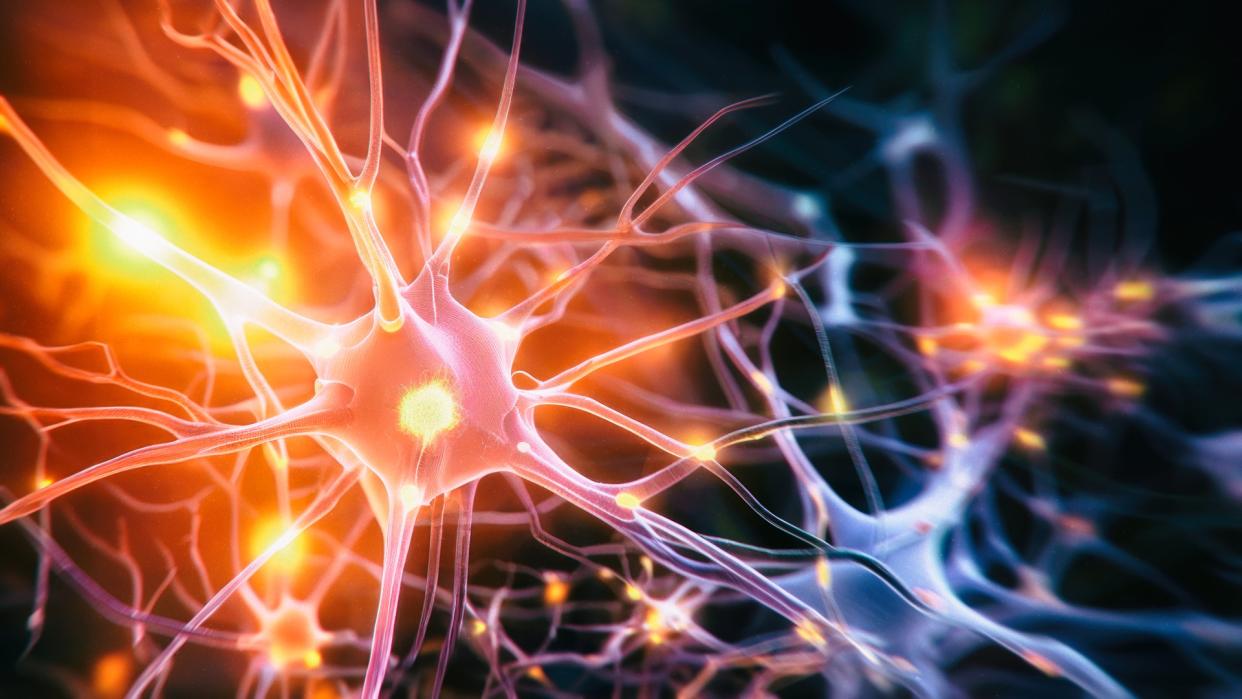  Close-up of a neuron on a black background that is firing (as shown by yellow glowing dots) with interconnected neurons in the background. 