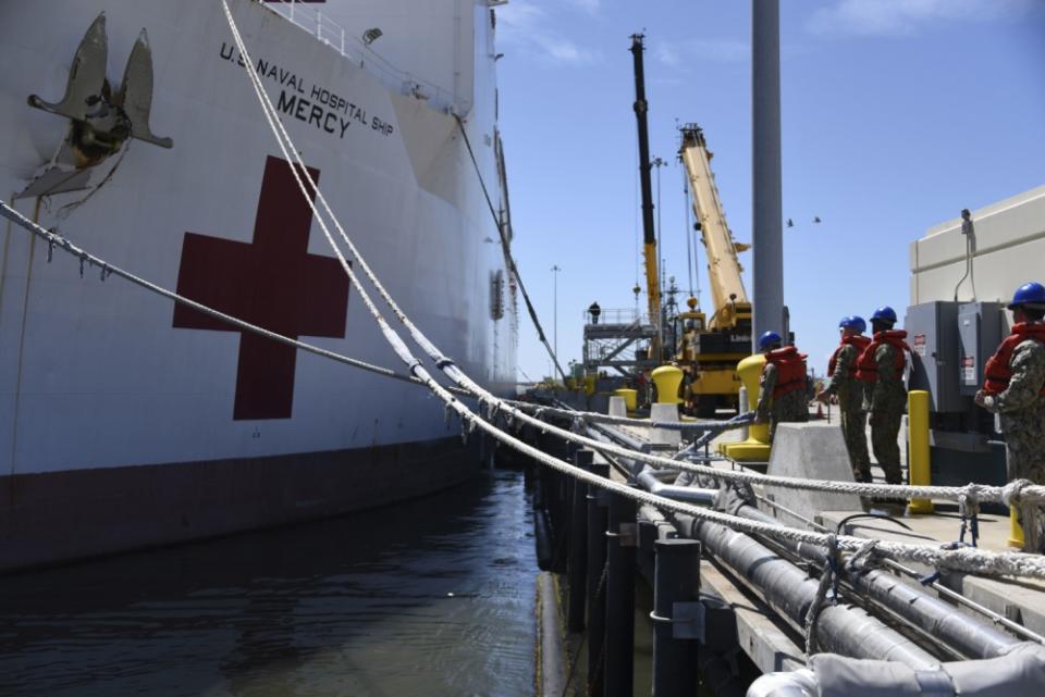 Sailors stand by to participate in sea and anchor detail before USNS Mercy (T-AH 19) departs Naval Base San Diego, March 23. (U.S. Navy photo by Mass Communication Specialist 3rd Class Tim Heaps)