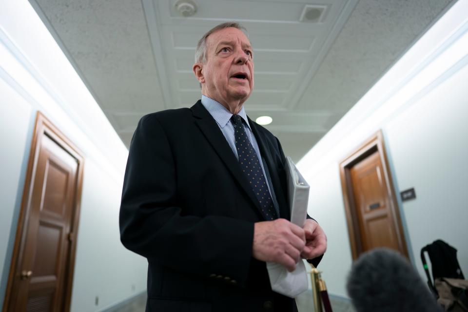 Sen. Dick Durbin, D-Ill., chairman of the Senate Judiciary Committee, speaks with reporters Feb. 17, 2022. Durbin has proposed changes to ease bankruptcy laws for people with student loans.