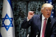 <p>US President Donald Trump gestures during a press conference with Israel’s President at the President’s Residence in Jerusalem on May 22, 2017. (Photo: Thomas Coex/AFP/Getty Images) </p>