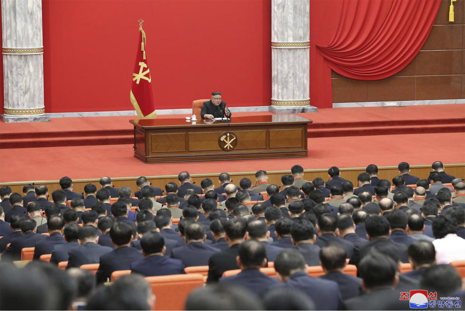 In this photo provided by the North Korean government, North Korean leader Kim Jong Un attends the ruling party congress in Pyongyang, North Korean, Sunday, Jan. 10, 2021. Kim was given a new title, “general secretary” of the ruling Workers’ Party, formerly held by his late father and grandfather, state media reported Monday, Jan. 11, in what appears to a symbolic move aimed at bolstering his authority amid growing economic challenges. Independent journalists were not given access to cover the event depicted in this image distributed by the North Korean government. The content of this image is as provided and cannot be independently verified. Korean language watermark on image as provided by source reads: "KCNA" which is the abbreviation for Korean Central News Agency. (Korean Central News Agency/Korea News Service via AP)