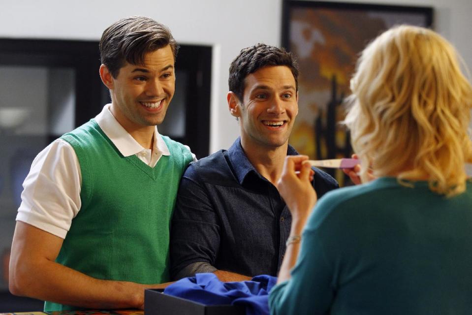 This image released by NBC shows Andrew Rannells as Bryan, left, and Justin Bartha as David in a scene from "The New Normal," premiering Sept. 11, 2012 at 9:30p.m. EST on NBC. (AP Photo/NBC, Trae Patton)