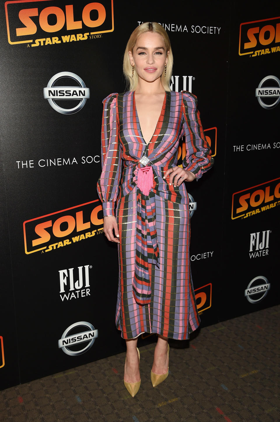 <p>‘Game of Thrones” star Emilia Clarke was all smiles wearing a colourful Alessandra Rich dress to a screening of ‘Solo: A Star Wars Story’. <em>[Photo: Getty]</em> </p>