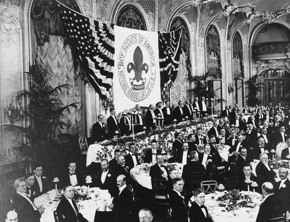 FILE - This 1916 file photo shows the three founders of Boy Scouts of America, Ernest Thompson Seton, Lord Robert Baden, Powell Daniel Beard. The Boy Scouts of America has filed for bankruptcy protection as it faces a barrage of new sex-abuse lawsuits. The filing Tuesday, Feb. 18, 2020, in Wilmington, Del., is an attempt to work out a potentially mammoth compensation plan for abuse victims that will allow the 110-year-old organization to carry on. (AP Photo, File)