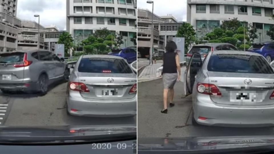 銀色CRV趁隙插隊，女駕駛下車拍窗理論。（圖／翻攝自「爆怨公社」）