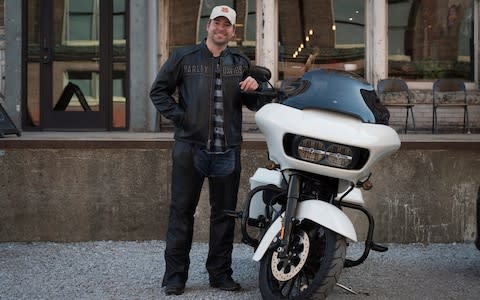 Chris Taylor, 33, with his Harley Davidson 2018 Road Glide outside Blip Roasters, West Bottoms, Kansas City Missouri - Credit: Neville Elder for The Telegraph