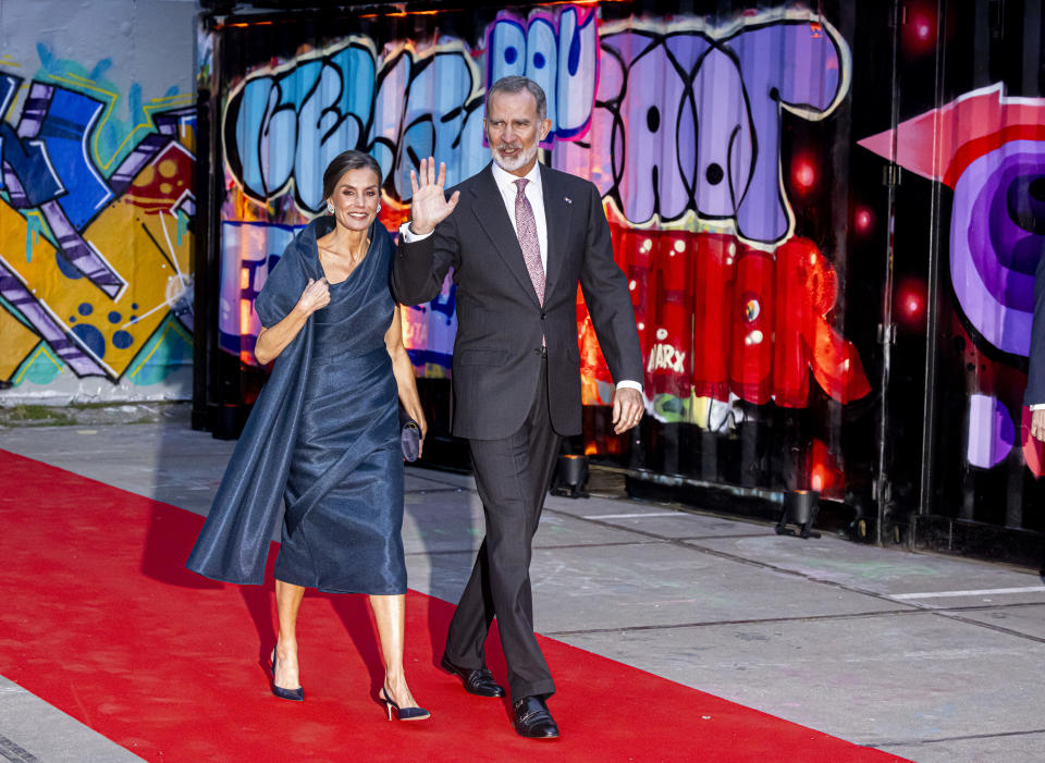 King Felipe of Spain and Queen Letizia of Spain wearing black shoes in Amsterdam