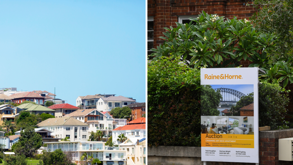 Houses in Bondi, Sydney. For sale sign. Sydney property market concept.