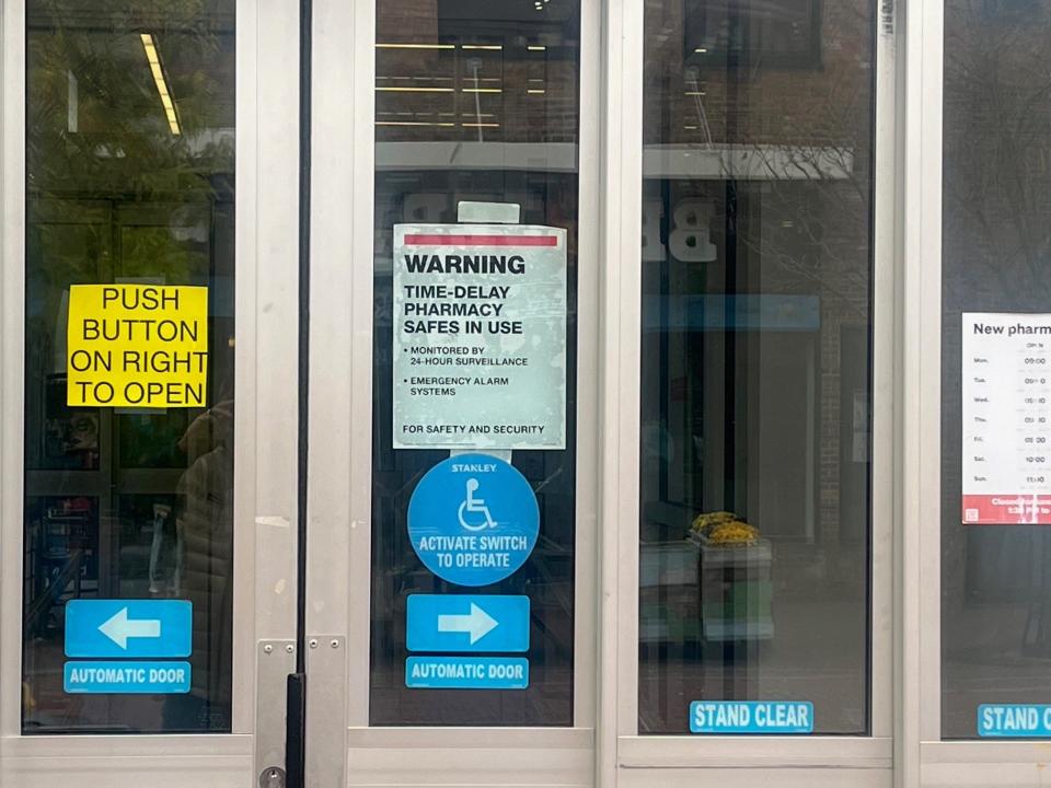The CVS in downtown Burlington has signs posted saying it uses time-delay safes in its pharmacy that are under 24-hour surveillance and have emergency alarms. As seen on Oct. 11, 2023.