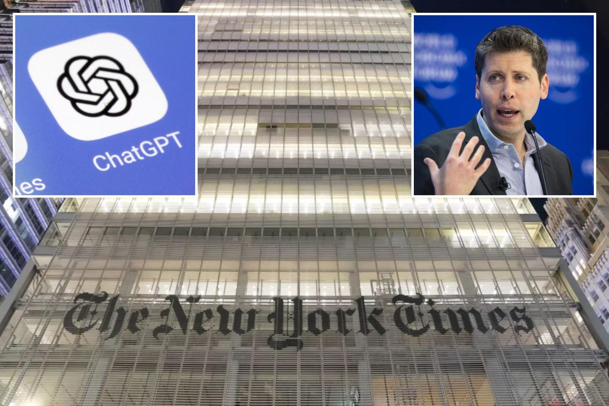 New York Times headquarters, ChatGPT logo and Open AI CEO Sam Altman