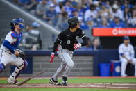 Chicago White Sox's Nicky Lopez watches his RBI single against the Toronto Blue Jays during the second inning of a baseball game Tuesday, May 21, 2024, in Toronto. (Christopher Katsarov/The Canadian Press via AP)