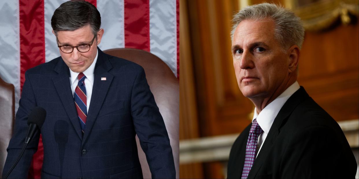 Mike Johnson looks up while presiding over the House. Then-Speaker Kevin McCarthy stares at the camera.