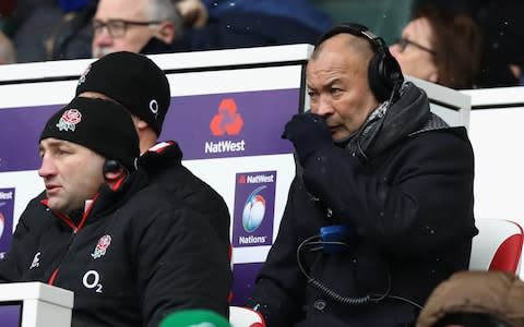 Eddie Jones speaks on the mic during England's loss to Ireland - Credit: Getty Images