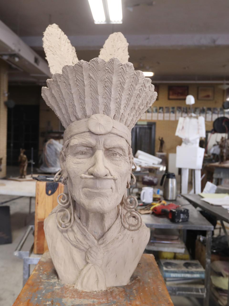 The completed clay bust of Tamanend stands in sculptor Alan Cottrill's Zanesville studio. When cast in bronze, a seven-foot-tall statue of Tamanend will be part of the Lenape Diaspora Monument in Newcomerstown.