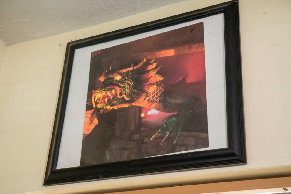 A photograph of the Lady Luck Casino dragon on the wall at Frank and Marlene Gann’s home on Tuesday, Oct. 17, 2023.