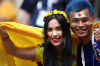 <p>A Japan fan looks on with a Colombia fan prior to the 2018 FIFA World Cup Russia group H match between Colombia and Japan at Mordovia Arena on June 19, 2018 in Saransk, Russia. (Photo by Matthew Ashton – AMA/Getty Images) </p>