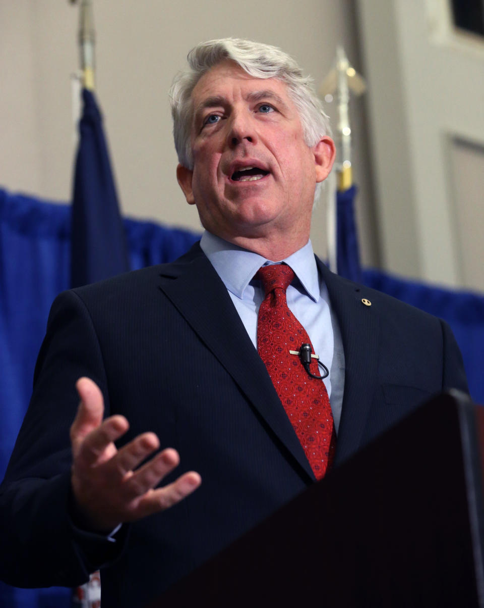 FILE - In this Jan. 23, 2014 file photo, Virginia Attorney General Mark Herring speaks at a news conference at his office in Richmond, Va. A federal judge will hear arguments Tuesday, Feb. 4, on whether Virginia's ban on gay marriage is unconstitutional. Herring, the state's newly elected Democratic attorney general, said he has already decided to side with the plaintiffs and will not defend the ban. (AP Photo/Richmond Times-Dispatch, Bob Brown, File)