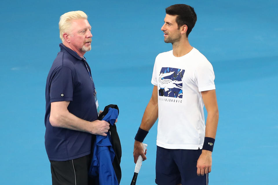 Seen here, Boris Becker and Novak Djokovic talking at a practice session during the 2020 ATP Cup. 