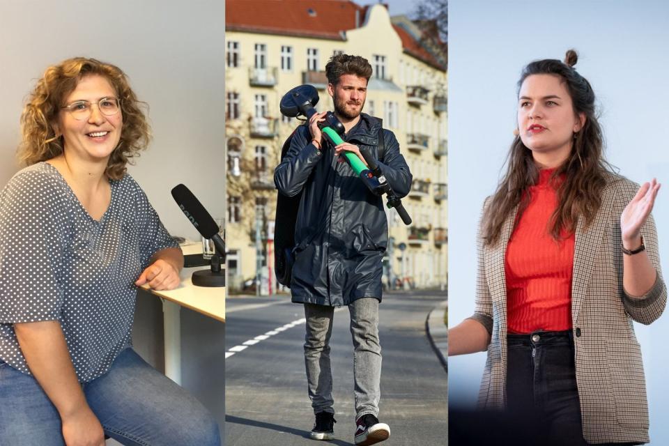 Unsere Redakteur*innen im Einsatz – Sarah Heuberger bei der Podcastaufnahme, Marco Weimer für eine Reportage und Lisa Ksienrzyk als Moderatorin auf einem unserer Events (v.l.n.r.)