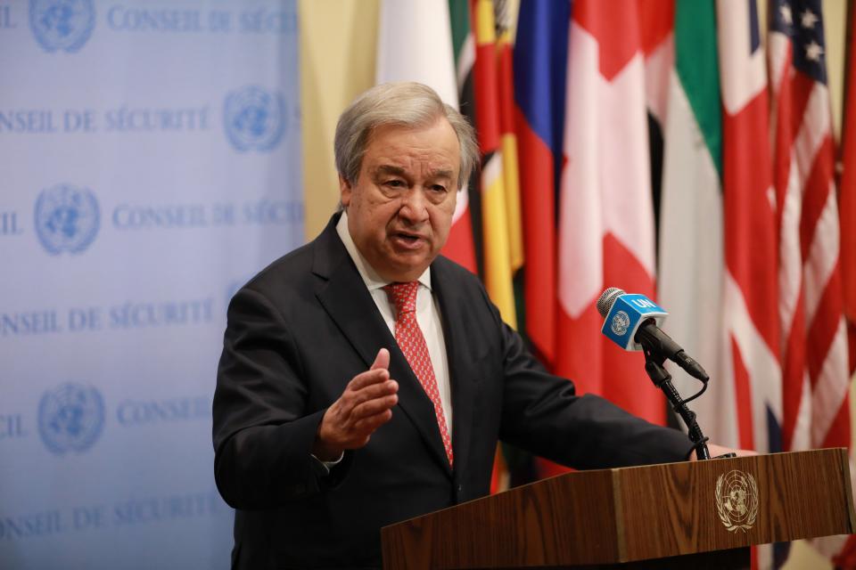 U.N. Secretary-General António Guterres speaks to reporters.